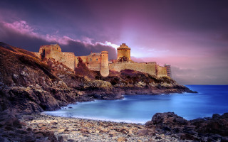 Castle cliff ocean sunset medieval - romanesque free wallpaper