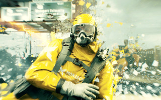 Yellow suit gasmask man city - a gun in a city street free wallpaper