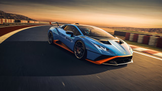 Blue orange sportscar sunset road - outrun free wallpaper for desktop
