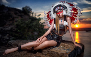 Woman headdress rock water sunset - artur tarnowski free wallpaper for desktop