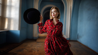 Woman red dress hat blue - canon eos r 3 free wallpaper