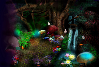 Forest waterfall mushrooms flowers butterfly - over the top free wallpaper