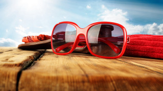 Red sunglasses wooden table summer - a pair free wallpaper