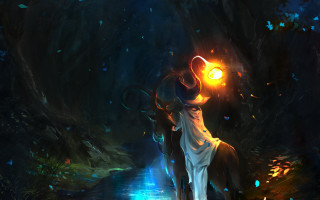 Woman horse forest light stream - a painting of a woman riding free wallpaper