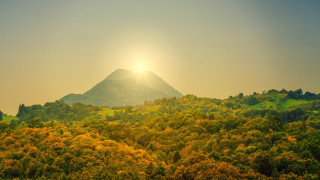 Mountain sunset autumn leaves forest - shining free wallpaper