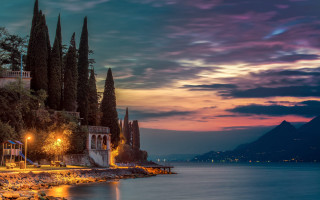 Sunset lake castle trees mystical - evgeny lushpin free wallpaper