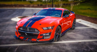 Red mustang blue stripes parking - blue stripe free wallpaper