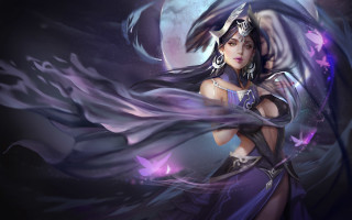 Woman purple dress hat wings - a full moon behind her free wallpaper
