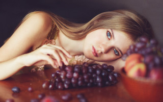 Woman grapes apples fruit bowl - anka zhuravleva free wallpaper for desktop
