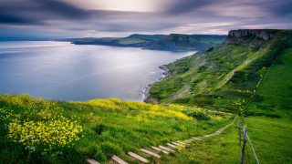 Grassy hillside stairs lake cliff 2 - stair free wallpaper