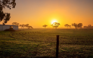 Sunset field fence building cityscape - the distance behind free wallpaper