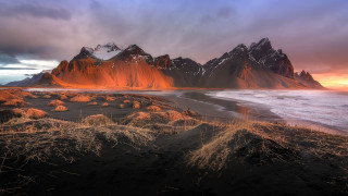 Mountain beach grass sunset cloudy - mystical free wallpaper for desktop