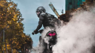 Motorcycle rider smoke helmet fireworks - action scene free wallpaper for desktop