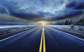 Clouds sky road trees sunset - free winter wallpaper