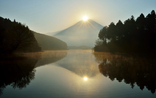 Mountain lake sunrise mist reflection - the water and trees free wallpaper for desktop