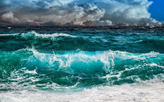 Ocean clouds wave beach mountain - expressionism free wallpaper for desktop