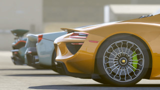 Sports cars street buildings person - hyper detail free wallpaper