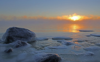 Sunset ocean ice rocks landscape - digital photography free wallpaper
