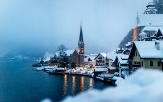 Snowy town church lake mountain - german romanticism free wallpaper for desktop