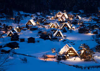 Snowy village night lights snow - house free wallpaper