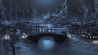 Snowy landscape bridge houses night 3 - dan mumford free wallpaper