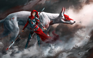 Woman red cape white wolf - a white wolf free wallpaper