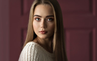 Pink wall pink door portrait - long hair and a sweater free wallpaper