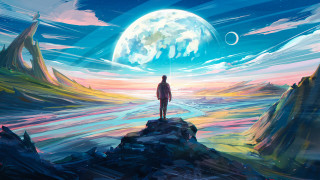 Man rock sky moon planet - anton fadeev free wallpaper