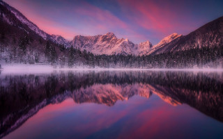 Mountain reflection sunset pink purple - mystical free wallpaper for desktop