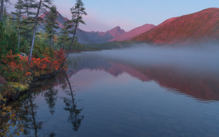 Lake mountains forest fog sky - tree and mountains free wallpaper
