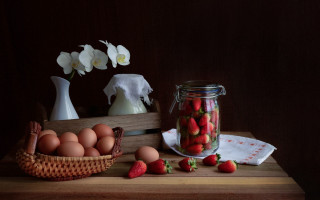 Strawberries eggs flowers vase orchids - food photography free wallpaper