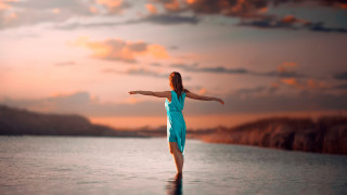 Woman blue dress water outstretched 2 - cindy wright free wallpaper for desktop