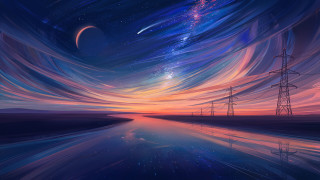 Sunset lake powerlines starry sky - a distant star free wallpaper