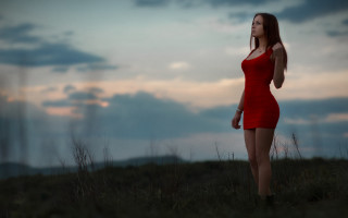 Woman red dress field sunset - a red dress free wallpaper for desktop