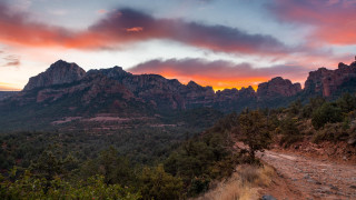 Dirt road forest mountains sunset - kodachrome free wallpaper for desktop