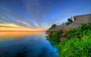 Tropical resort sunset water thatched - tropical free wallpaper