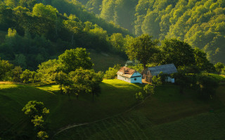 Lush green hillside house winding - road free wallpaper for desktop