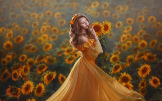 Woman yellow dress sunflowers fireworks - art station free wallpaper for desktop