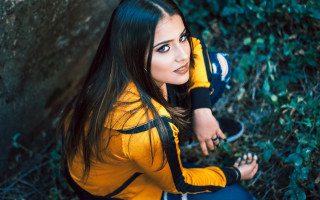 Woman backpack portrait nature forest 2 - her back and a backpack free wallpaper
