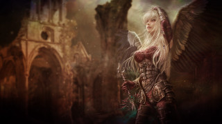 White haired angel castle wings - a clock tower in the background free wallpaper for desktop