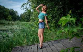 Woman boardwalk pond trees blue - anna hotchkis free wallpaper for desktop