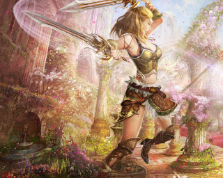 Woman sword fantasy setting flowers - a fantasy setting free wallpaper