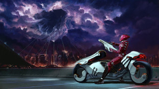 Motorcycle city night lightning storm - cinematic concept art free wallpaper