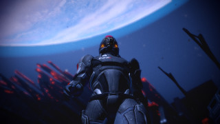 Futuristic suit man blue sky - light in the background free wallpaper