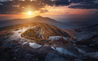 Sunset mountain trail rocks landscape - a trail free wallpaper