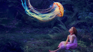 Woman forest rock jellyfish magic - jellyfish free wallpaper