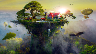 Floating island waterfall house hot - a hot air balloon free wallpaper