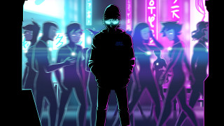 Neon cyberpunk masked man crowd - a man in a mask free wallpaper