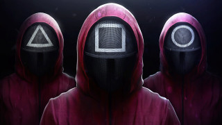 Three hooded figures dark background - ultra realistic face free wallpaper