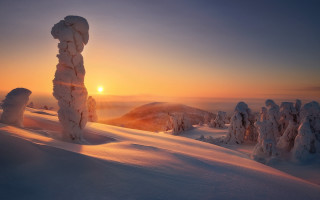Sunset snowy mountain trees volumetric - andrey ryabovichev free wallpaper